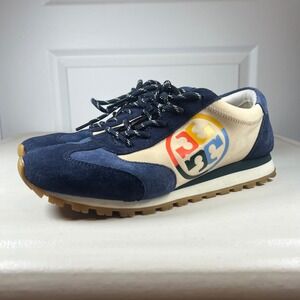 Tory Burch Annie Suede Training Nylon Runner Sneaker Navy Blue Cream Size 8.5M